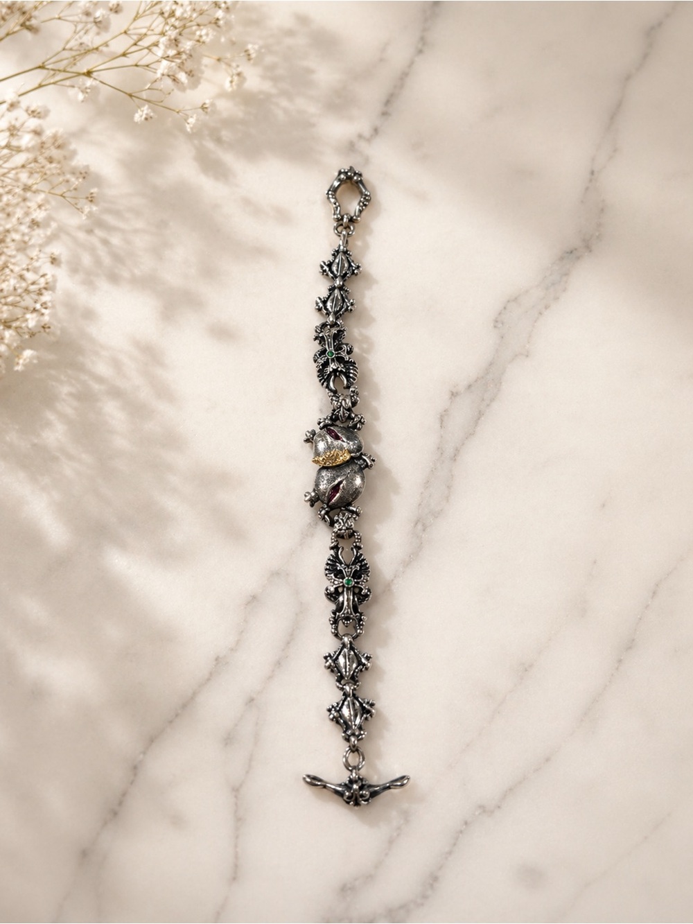 Pomegranate Motif Silver-Tone Bracelet with Gold Leaf and Green Accents